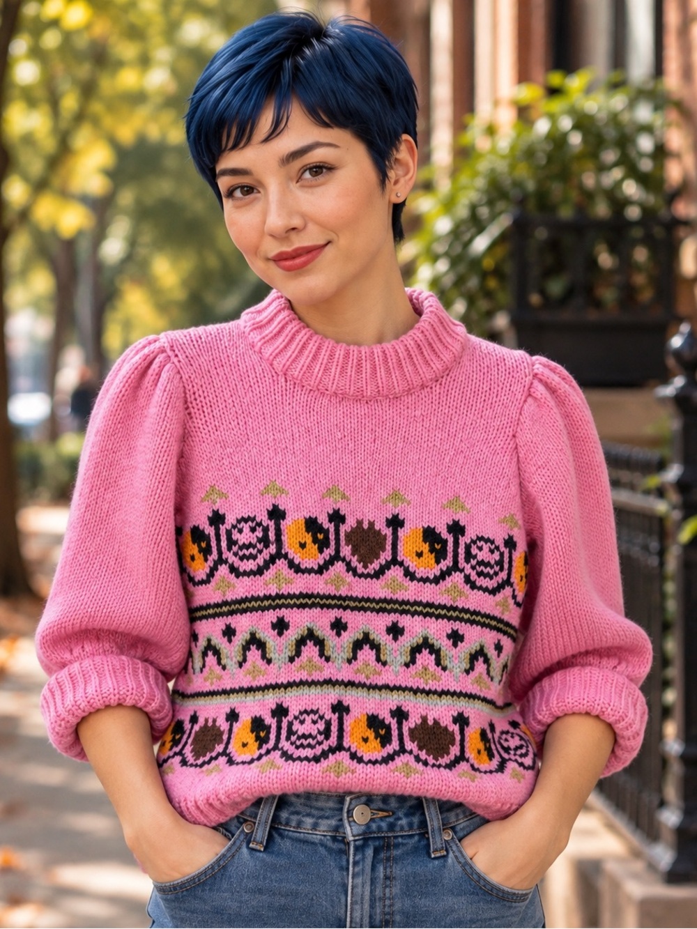 GANNI Pink Chunky Patterned Puff Sleeve Sweater S Danish Design 2019